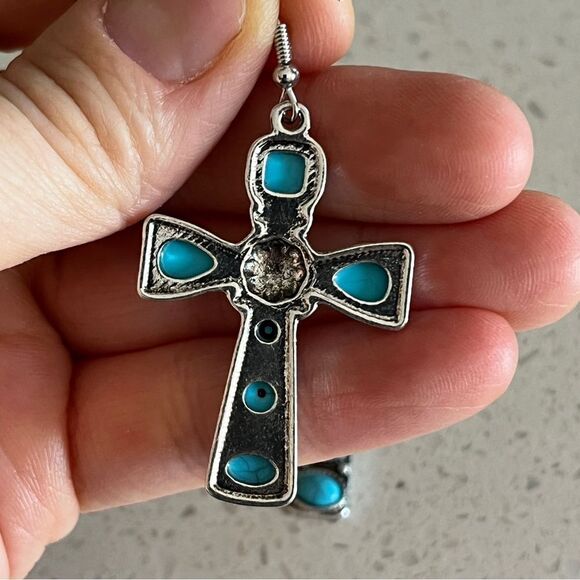 Faux Turquoise Cross Decor Drop Earrings Zinz Alloy - Picture 9 of 11